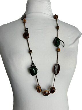 Signed Cg Rustic Bohemian Acrylic Beaded Necklace Brown Cord Tribal Statement